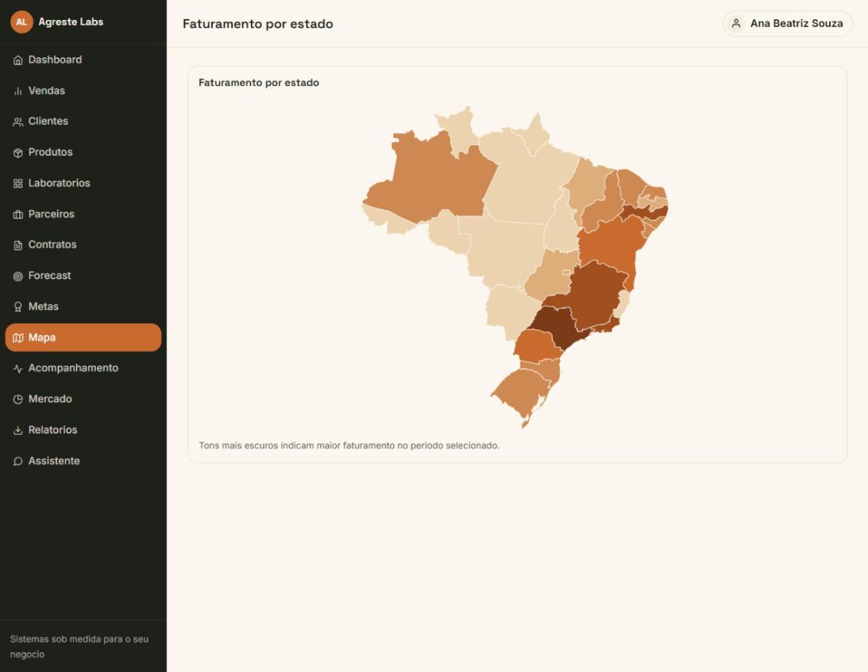Faturamento por estado num mapa do Brasil