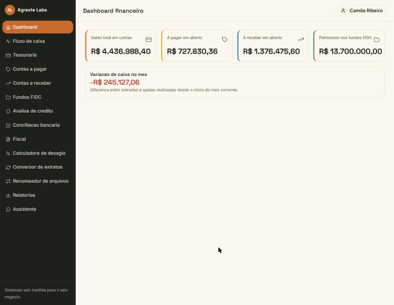 Visão consolidada de caixa, contas e fundos